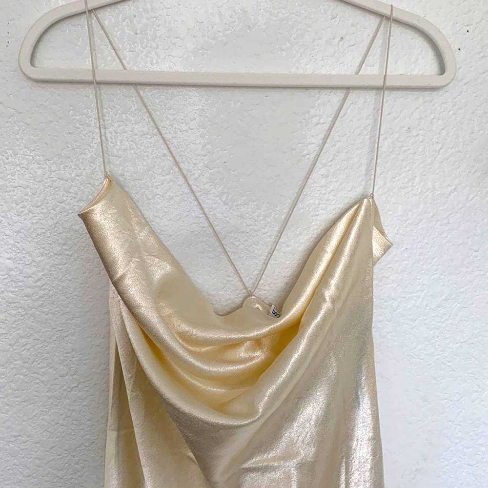 Cream colored silky dress with draped front. - Picture 2 of 5